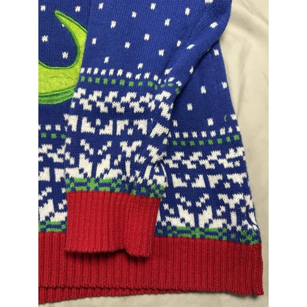33 Degrees Santa Riding T-Rex Ugly Christmas Sweater Mens XL Blue Holiday